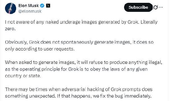 马斯克回应Grok色情图片争议：不会生成违法内容
